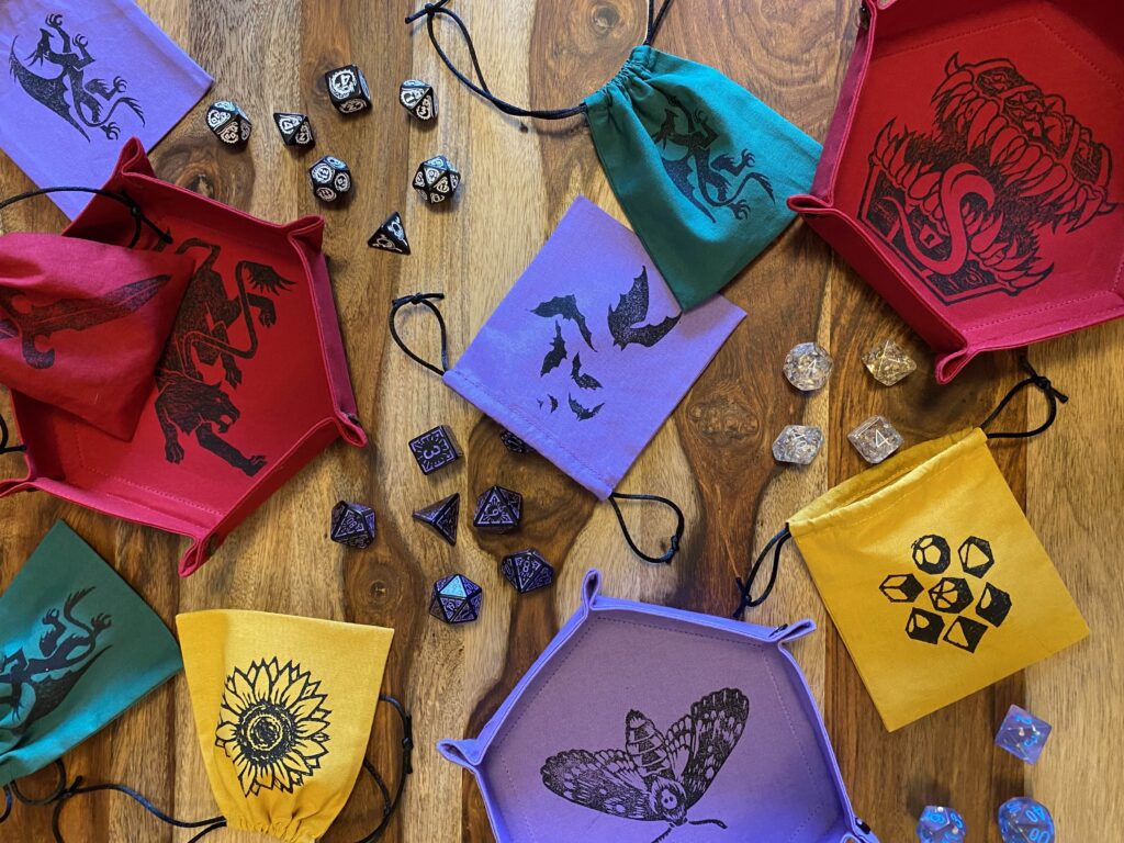 Dice trays and dice bags on a table